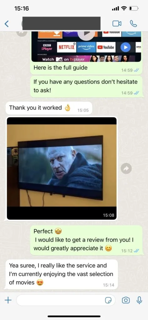 WarpIPTV WhatsApp Customer Feedback 1
